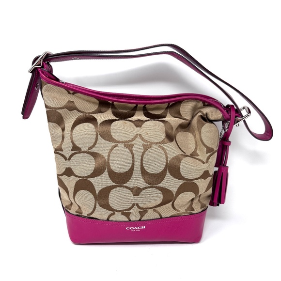 COACH Legacy Signature  and Leather Bucket Shoulder Bag in Khaki/Magenta Pink - Picture 1 of 11